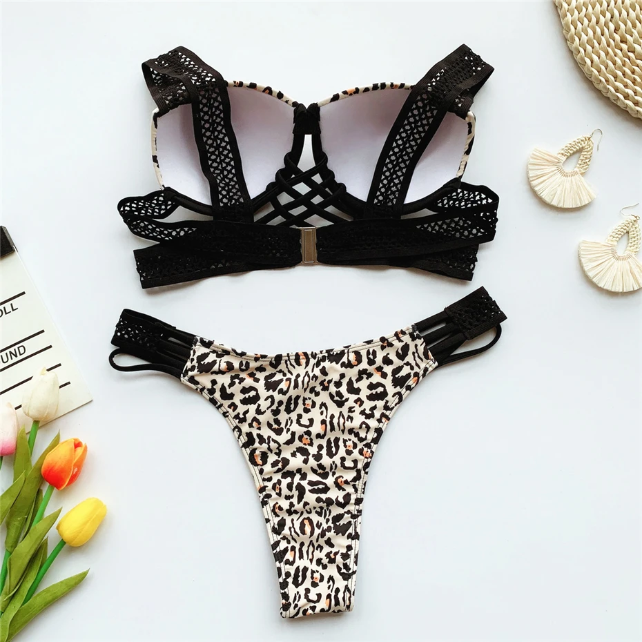 

2020 High Cut Lace Up Sexy Leopard Print Bikini Swimsuit Female Push Up Swimwear Women Brazilian Bathers Bathing Suit Biquini