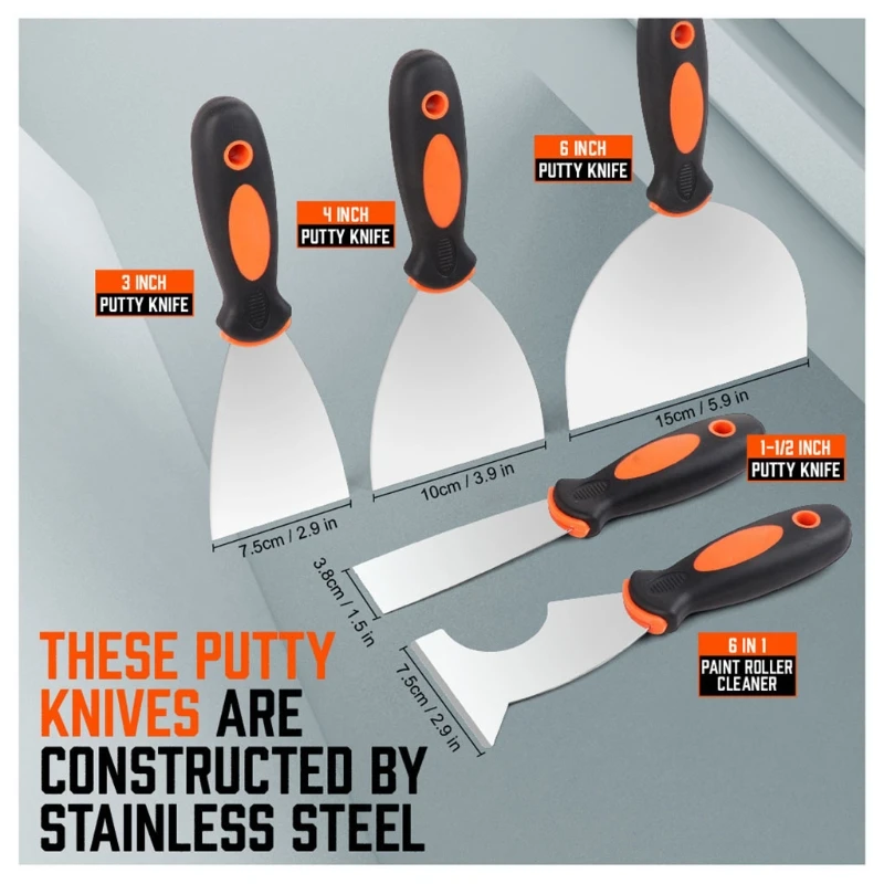 

5PCS Premium Stainless Steel Multi-Purpose Putty Knife Spackle Knife Caulk Removal Paint Scraper Home Repair Tools