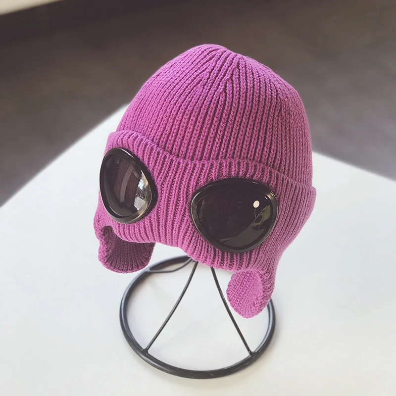 Purple Повседневная зимняя женская вязаная шапочка со съемными очками для женщин и мужчин, Теплые ушанки, шапочки Skullies, лыжная шапка, уличная спортивная шапка - Цвет: Purple