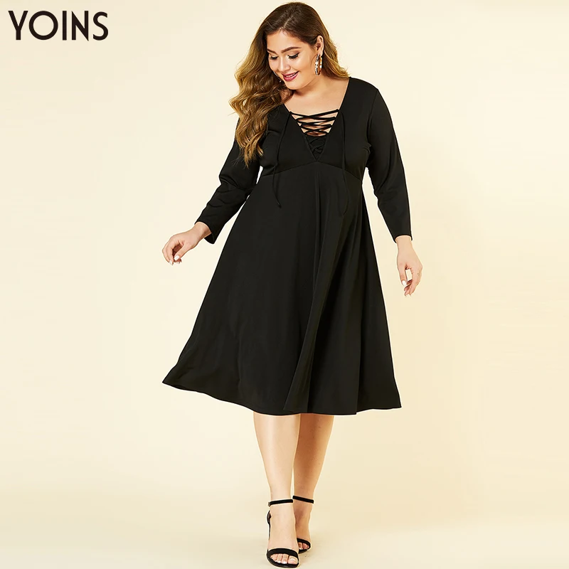 YOINS Classy Black Plus Size Lace Up V Neck Solid Dress 2020 Women Autumn Winter Office Lady Basics Long Sleeve Midi Dresses | Женская