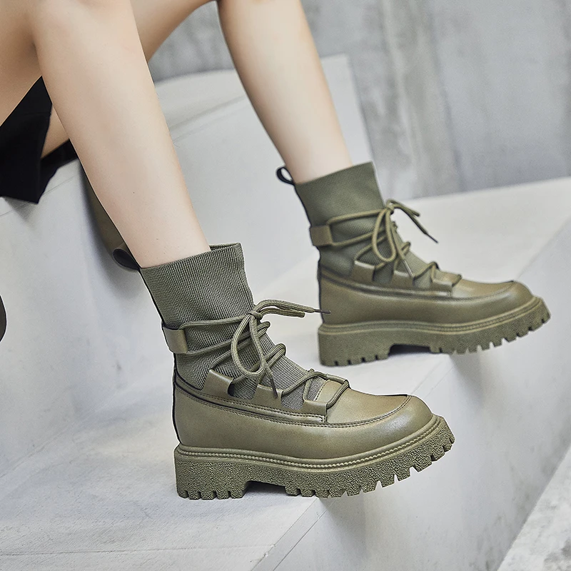 

Fashion Sock Boots Women Black Female Shoes Winter Autumn Comfortable Fabric Lace Up Round Toe Short Boots Woman Footwear
