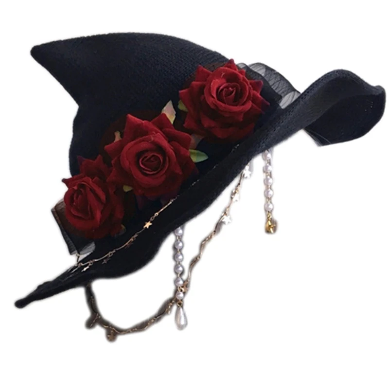 Sombreros de Noche de Brujas con decoración de rosa, Darky estilo gótico, disfraces de Lolita, sombrero de bruja decorada con rosa