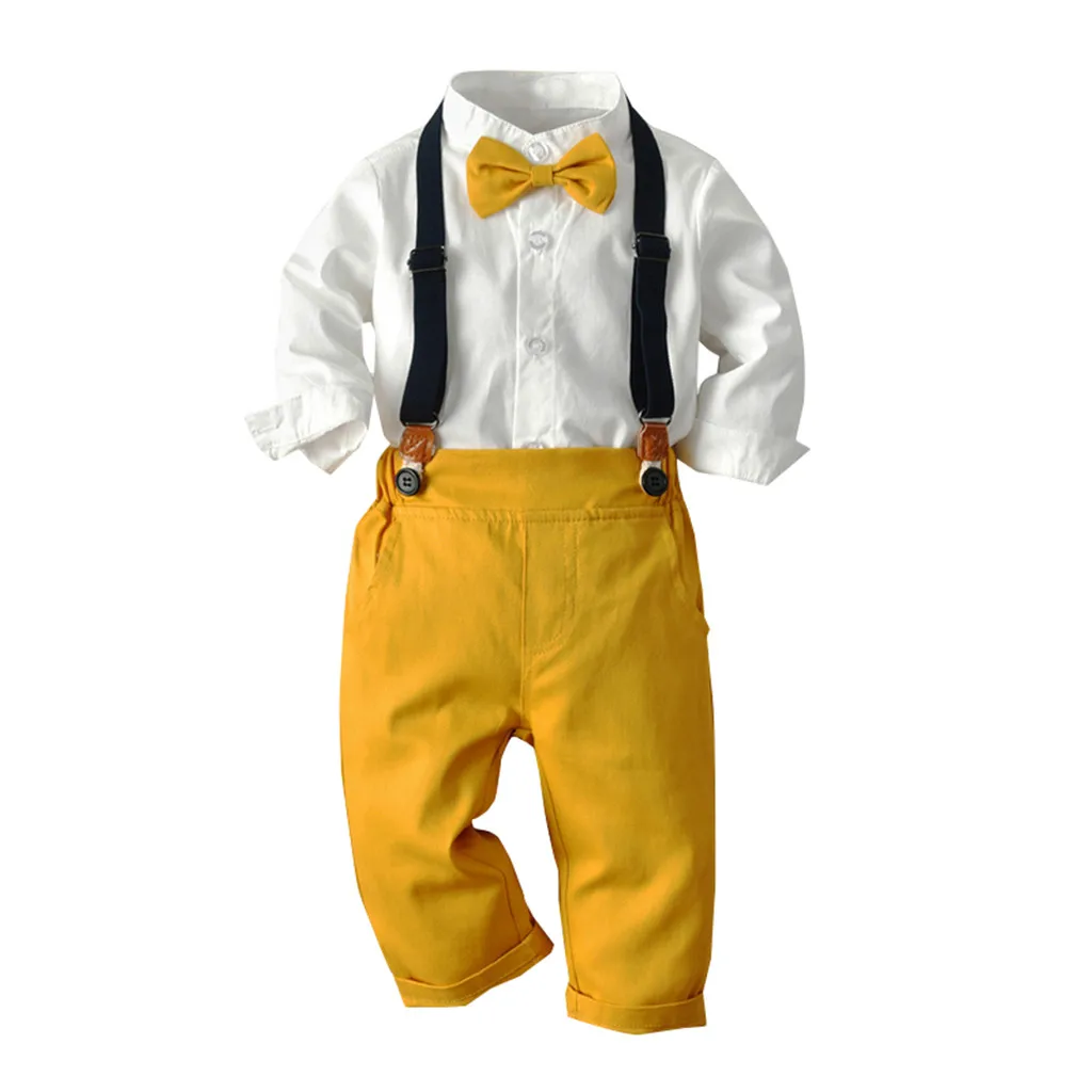 

Baby boy clothes Toddler Baby Boys Gentleman Bow Tie Solid T-Shirt Tops+Suspender Pants Outfits комплек одежд ropa bebe
