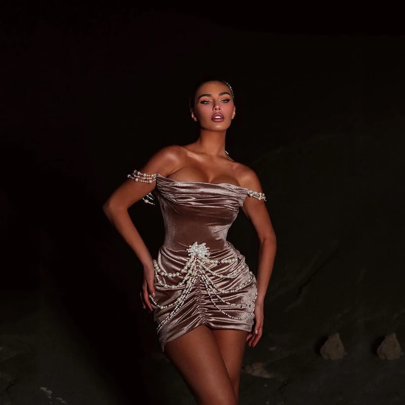 

New Velvet Sexy Short Prom Dresses Off The Shoulder Pearls Beaded Women Mini Party Cocktail Evening Gowns Plus Size Custom Made