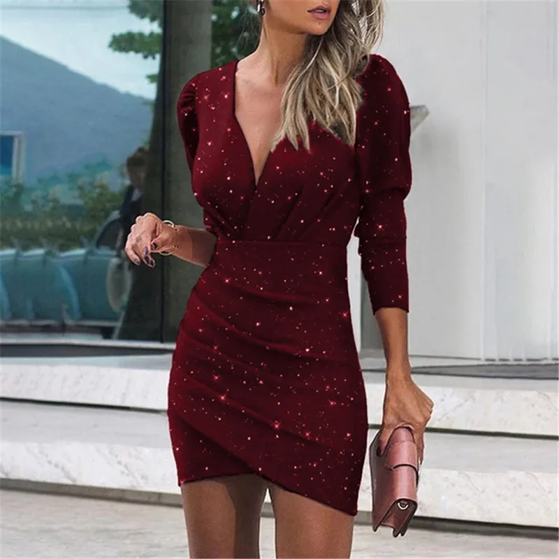 

WJFZQM Party Club Mini Dress Fashion Shiny Glitter Evening Party Dress Sexy Bodycon Long Sleeve V-Neck Vintage Pleated Dresses