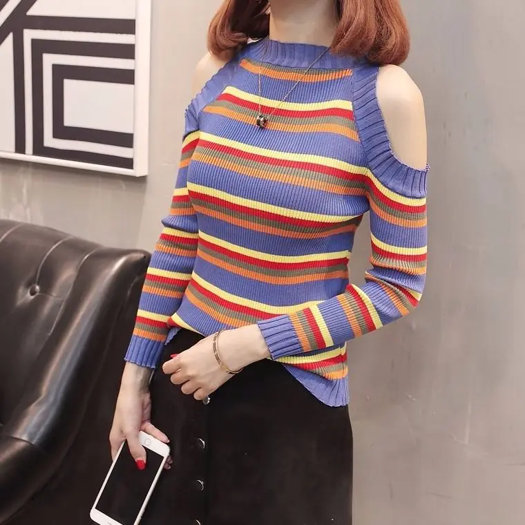 

2020 New Women Striped Thin Sweater Autumn Knitwear Tops Casual Long Sleeve Jumper Pull Femme Pullover H242