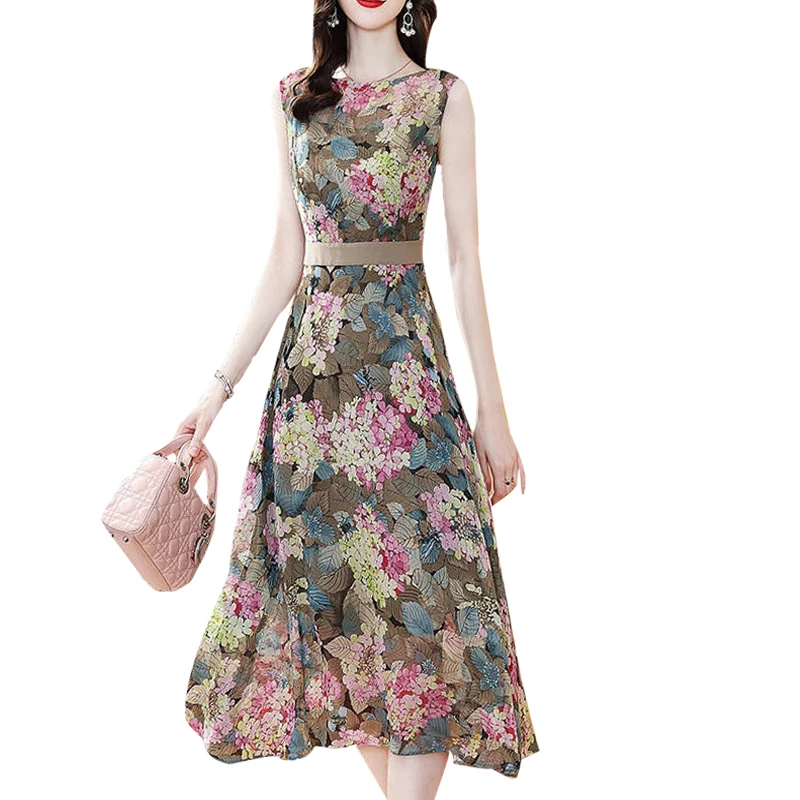 

New women's medium long A-line dress sleeveless printing slim elegant o-neck elegant fashion dress vestibule SS1083