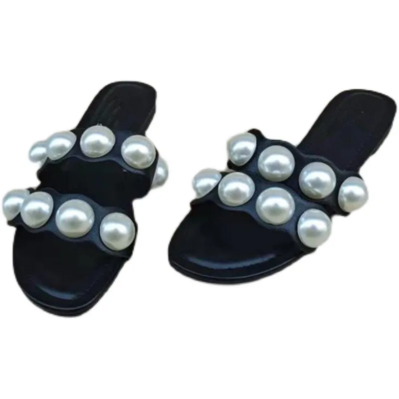 

Rubber Flip Flops Women's Genuine Leather Shoes Ladies' Slippers Heeled Mules String Bead Low Black Sandals Fringe Hawaiian Flat