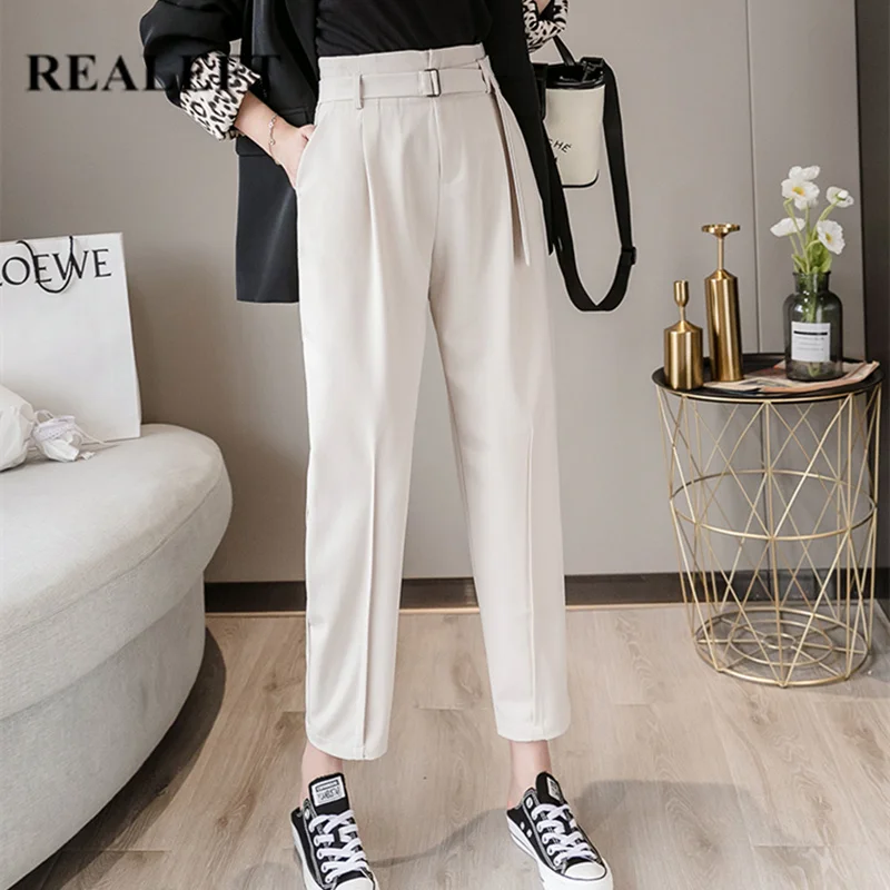 REALEFT новые 2020 OL Стильные повседневные Прямые брюки с поясом Женские рабочие