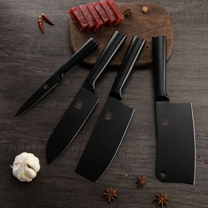 XYJ Kitchen Knife Set Japanese 7&quot Santoku 5&quot Utility 6.5&quot Chef Chopping Knives Holder Stainless Steel Black Blade Cooking Tools | Дом