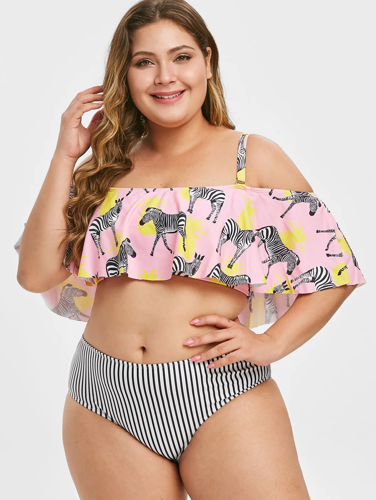 

Zebra Pineapple Print Striped Plus Size Flounce Tankini Swimsuit
