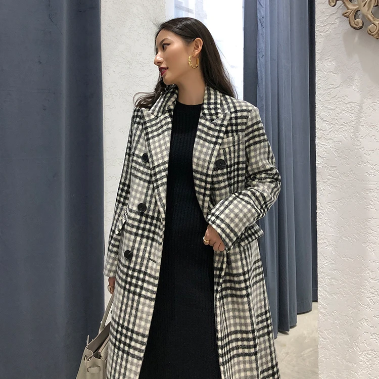 Женское длинное шерстяное пальто черно белое Свободное в клетку верхняя одежда