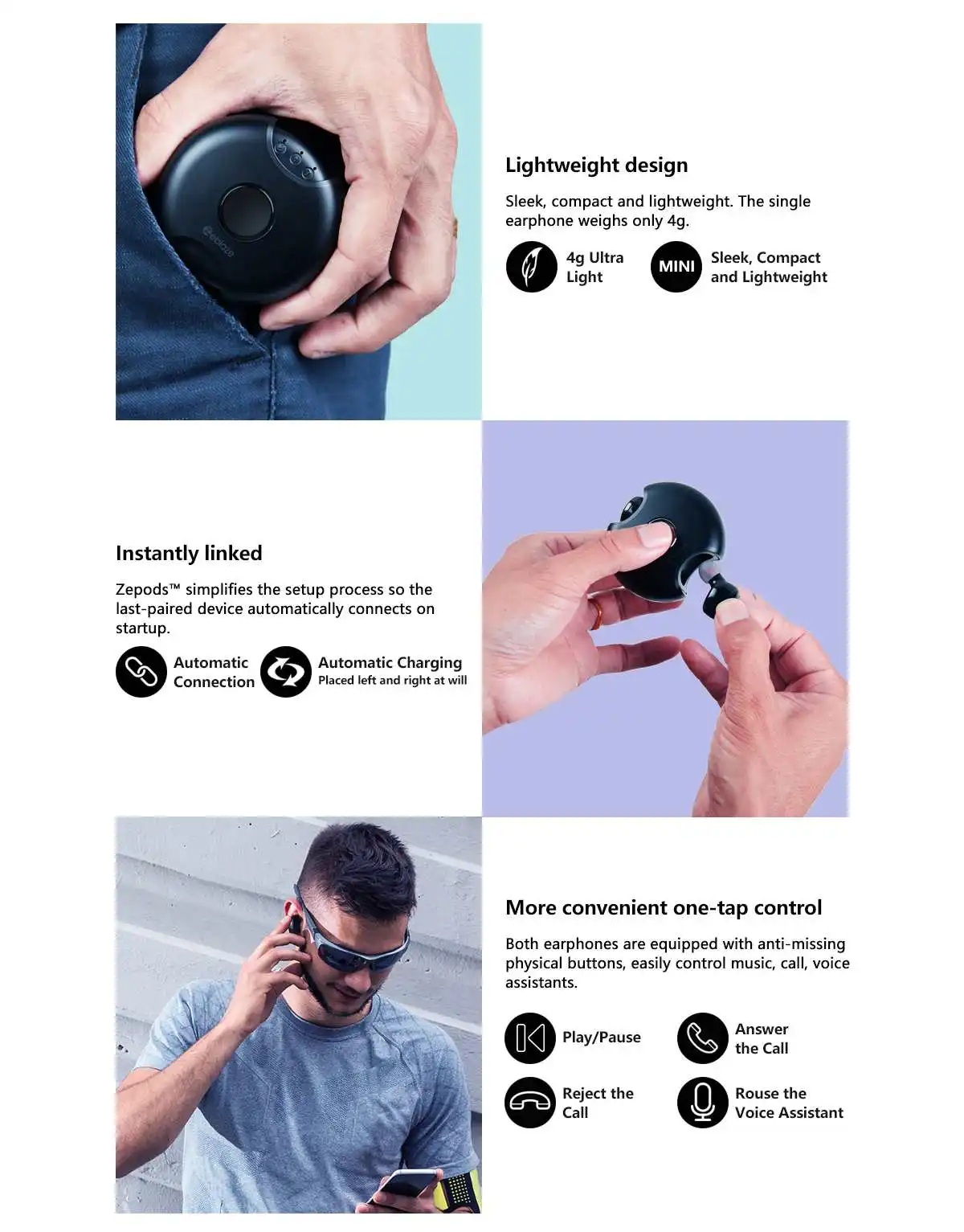 Zeblaze Zepods, беспроводные наушники, bluetooth 5,0, глубокий бас, стерео, Earbus, вращение на 360, тип-c, зарядка, шумоподавление с микрофоном