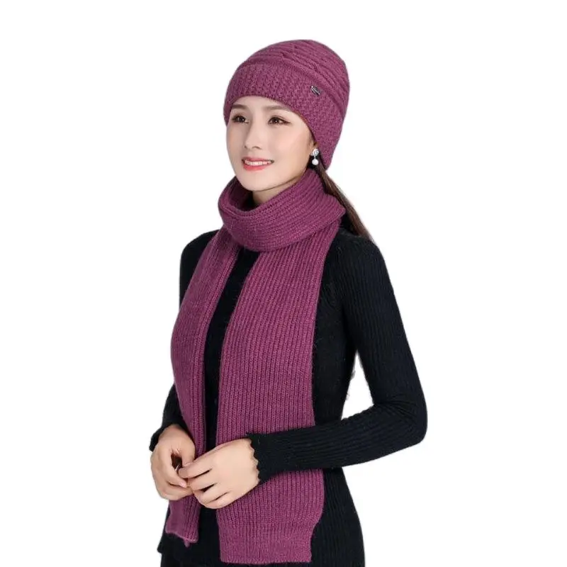 

Women Rabbit Hair Knitted Wool Hat Female Winter Warm Fashion Scarf Mother Granny Christmas Gift Elegant Caps Scarf Suit
