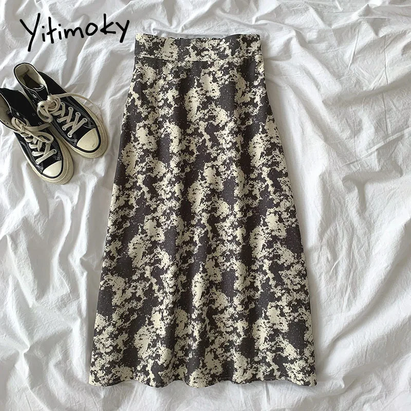 

Yitimoky Vintage Floral Midi Skirt Womens 2021 Spring Korean Fashion New Elastic High Waist Casual Print A-Line Skirts Clothes