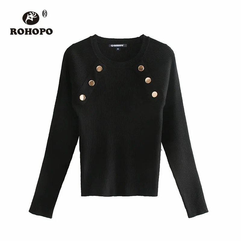 ROHOPO круглый воротник передние кнопки тонкий свитер длинный рукав черный зеленый