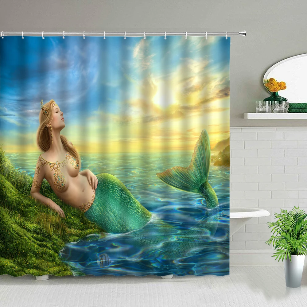 

Mermaid Shower Curtains Beautiful Girl 3D Printing Polyester Fabric Waterproof Cloth Curtain Set With Hooks Bathroom Home Decor