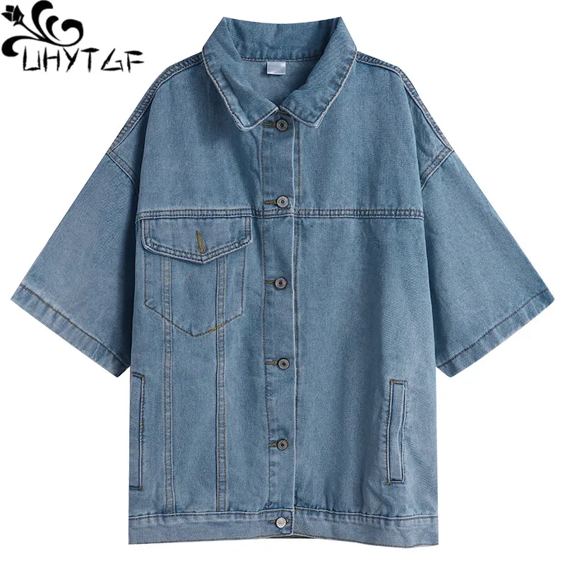 

UHYTGF Half-Sleeved Denim Jacket Women Single-Breasted Casual Summer Jeans Coat Solid Thin Top Loose Size Outewear Chaqueta 1745