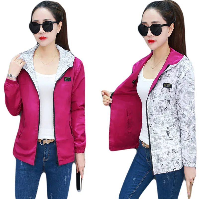 

Spring Autumn Women Casual Basic Jacket Pocket Zipper Hooded Two Side Wear Print Outwear Loose Coats big size Women Clothes Y295