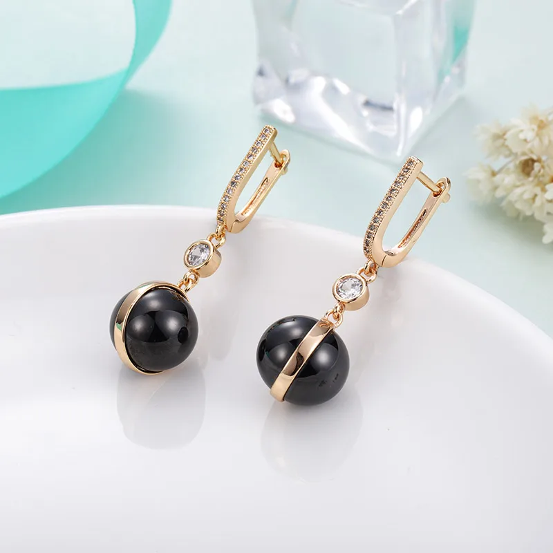 gold black Женские длинные керамические серьги MAIKALE, роскошные черно-белые серьги-подвески в форме шара с фианитом, ювелирные изделия для подарка - Окраска металла: gold black