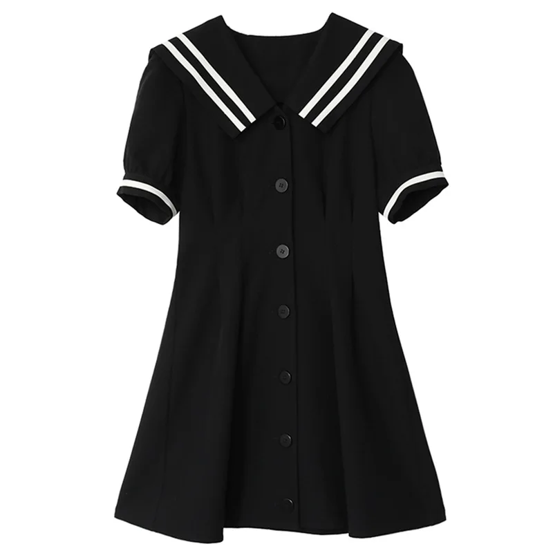 

Hit-and-run Navy Collar Dress Summer New Student French Retro Mini Black Dress Waist Bubble Sleeve Skirt Tide
