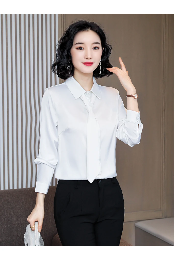 

Houthion Silk Satin Loose Women's Blouses New Casual Blouse Fashion Long Sleeve Top Solid Color Bow Tie Shirt Spring/autumn