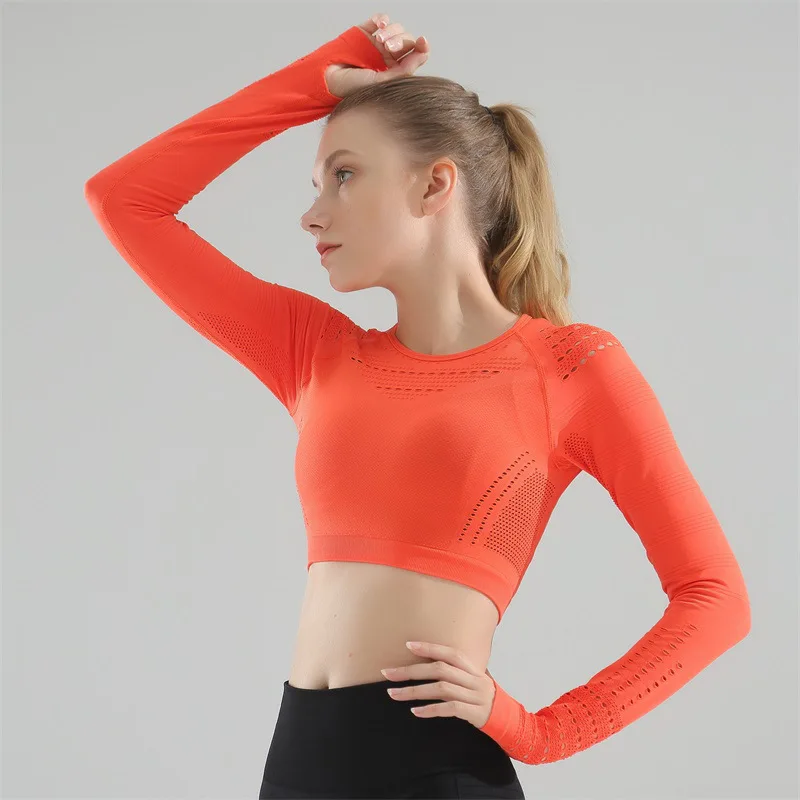 

Zero More Seamless Hollow Out Fitness Jogger Crop Shirts Women Slim Fit O-neck Plain Gym Yoga Workout Crop Tops with Thumb Hole