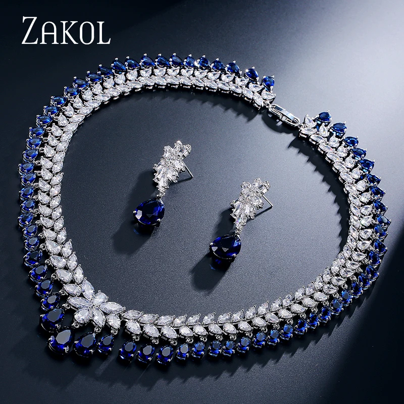 ZAKOL женские элегантные и роскошные серьги в форме капли воды CZ циркония ожерелье свадебный комплект ювелирных изделий FSSP110