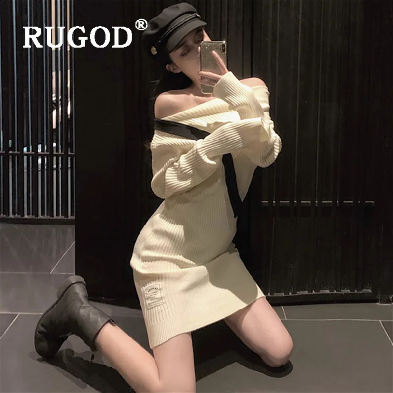 RUGOD винтажное сексуальное платье-свитер на одно плечо элегантный джемпер для