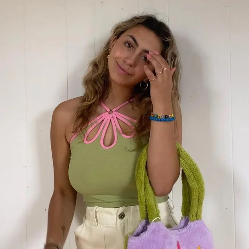 

ZOVSV Halter Backless Y2K 90s Crop Top Women Summer Sleeveless Casual Green Cute Camis Tops Tees Fashion Streetwear 2021