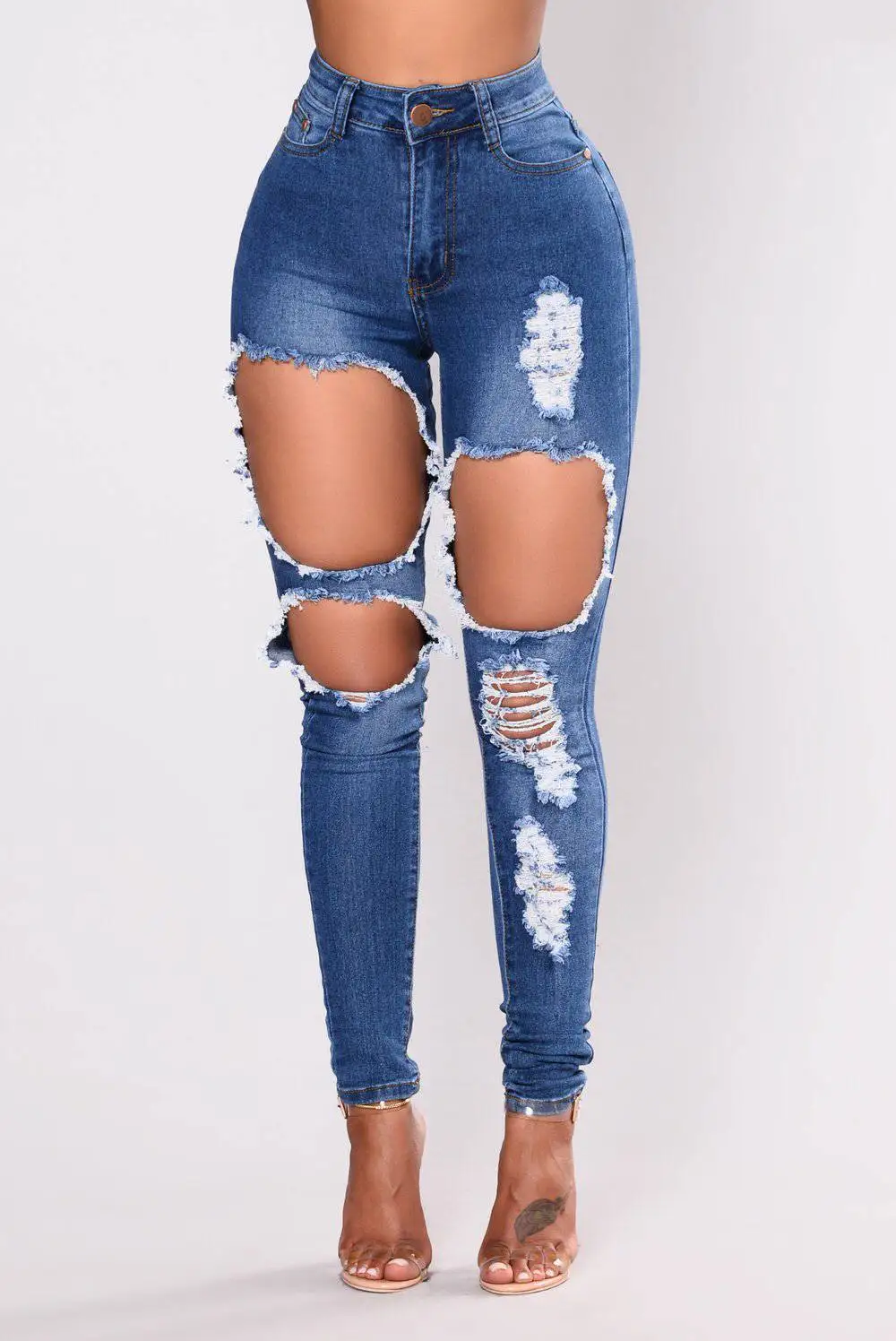 

European and American high-waisted elastic hole pencil denim trousers women
