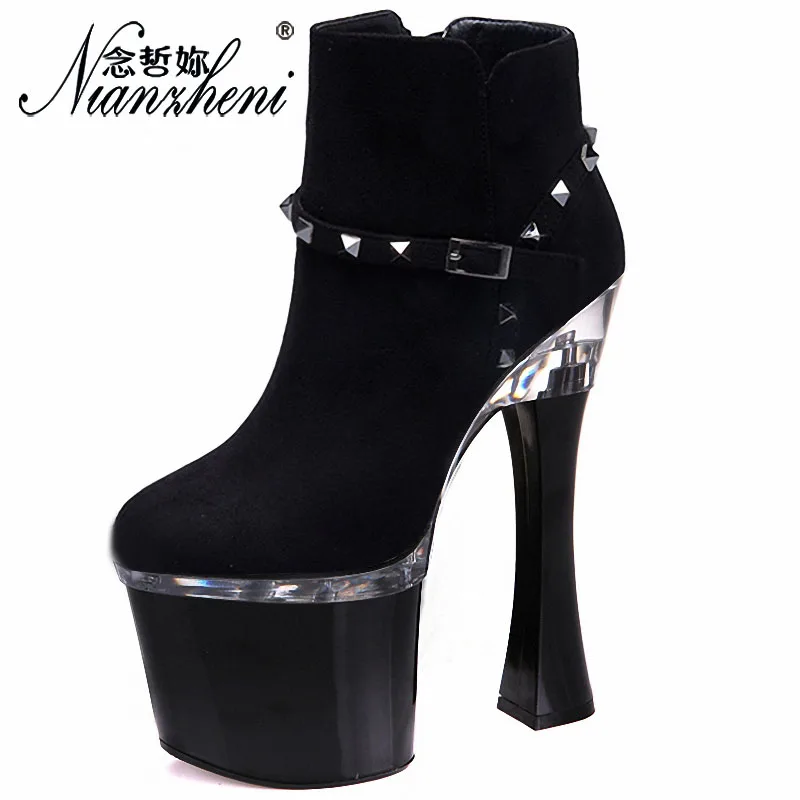 

20cm Ankle Boots Thin Heels Flock Rivet Short Boots 8 Inch Spool Heels Zipper Thick High Heels Zapatilla Mujer New Dancing Shoes
