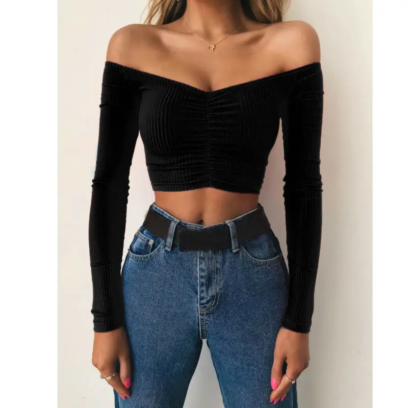

Women Bandage Off Shoulder Top Long Sleeve Shirt Casual Crop Blouse Slim T-shirt