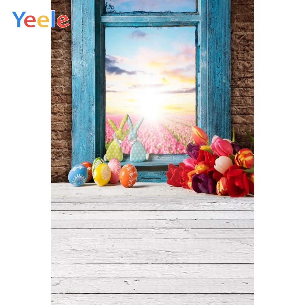 Фон для фотосъемки с изображением весенних цветов пасхальных яиц окна