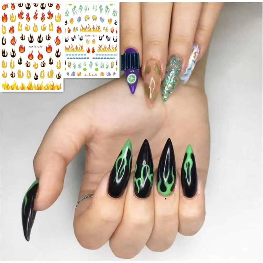 

3d nail sticker Newest HANYI-370 371 flame pattern back glue nail decals template DIY decoration tools