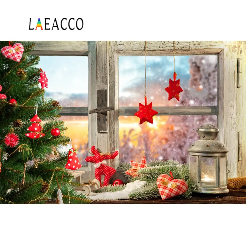 Laeacco Фото фоны Рождество подоконник фонарь сани подарок звезда снег боке ребенок