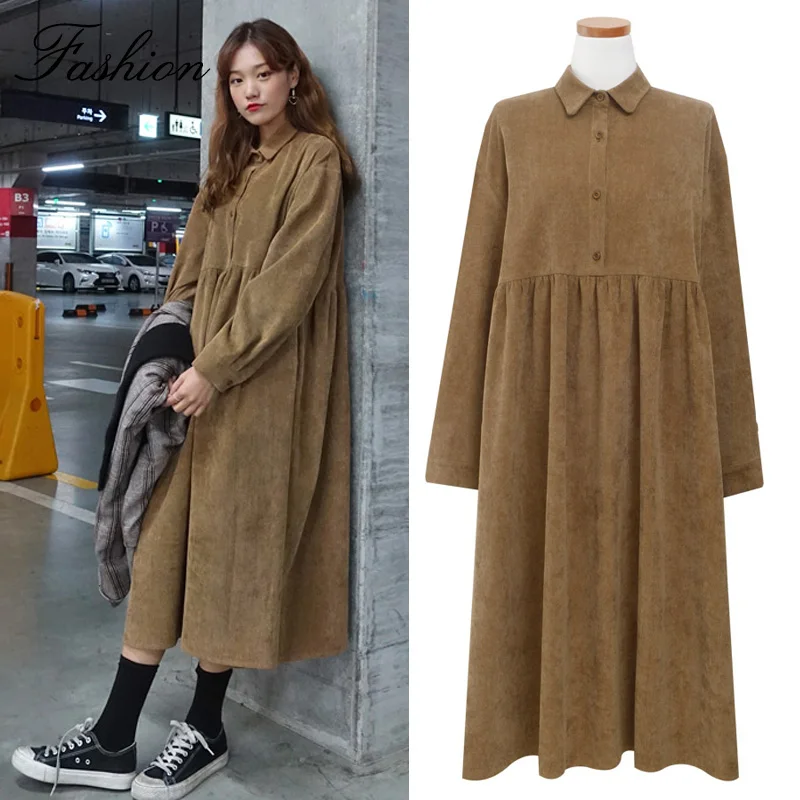 Женское вельветовое платье рубашка Длинное свободное трапеция на пуговицах с