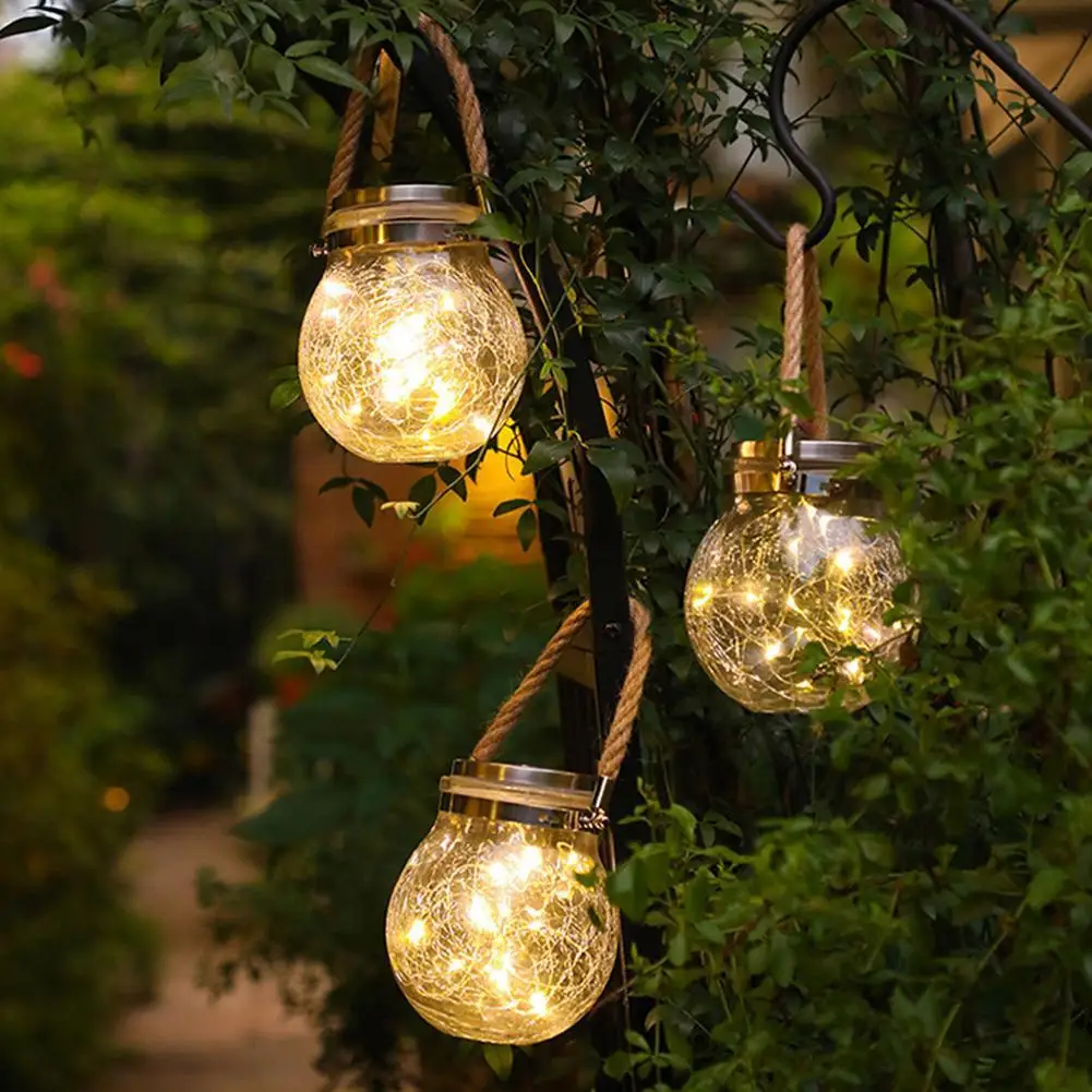 LED Solar Christmas Lights Crack Pattern Ball Glass Jar Lamp Tree Stars Copper Wire Lights Outdoor Garden Decoration