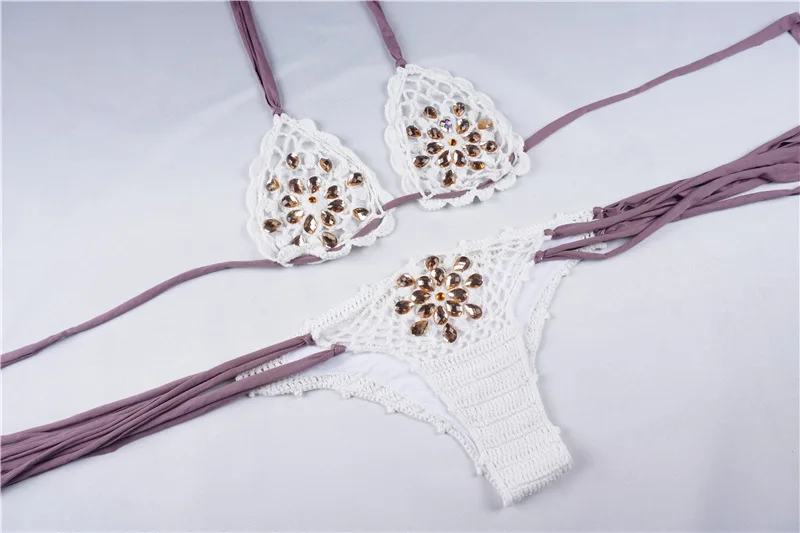 

2021 New Swimsuit Lady Sexy Hollow Bikini Strap Lace-up Handmade Knitted Split Swimsuit