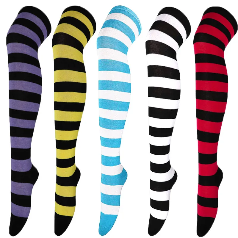 

2021 Newest Stripes Stocking Cotton Tight High Over the Knee Stockings for Ladies Girls Warm 60cm Cosplay Cartoon Socks