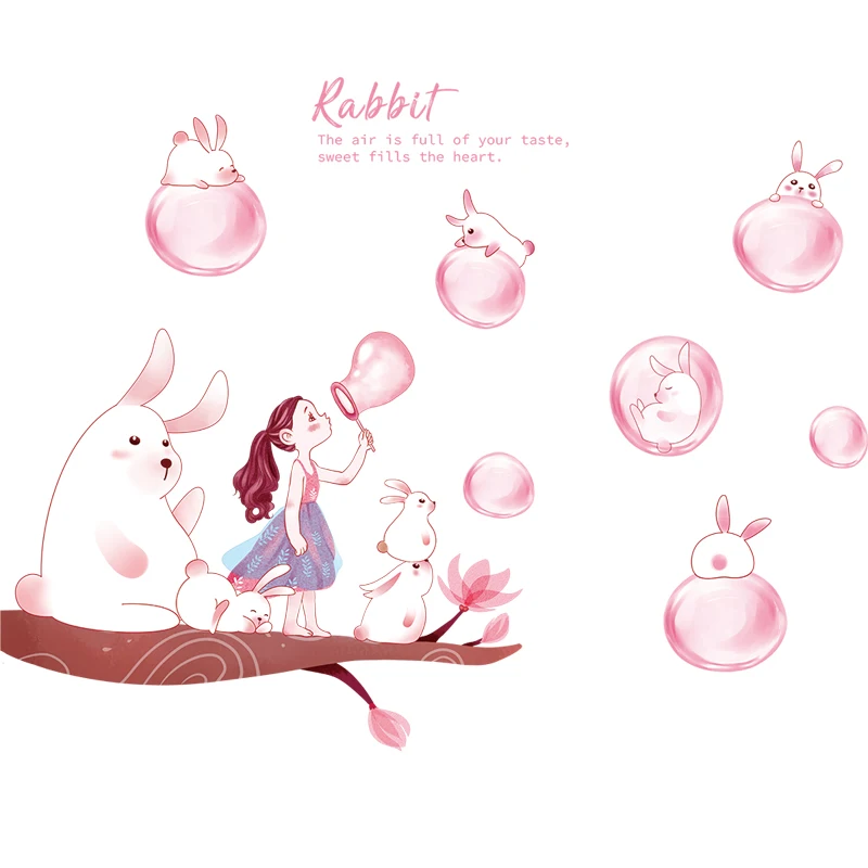 

Cute Rabbit Wall Stickers for Kids Room Baby Nursery Wall Decals Pink Bubbles Girl Room Home Decoration