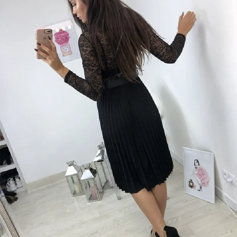 Женское шифоновое платье средней длины повседневное кружевное плиссированное с