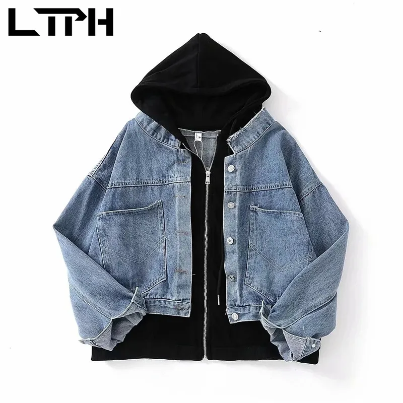 

LTPH Korean fashion jeans jacket women Splicing fake two denim coat loose casual hooded Outerwear vintage Jackets 2021autumn new