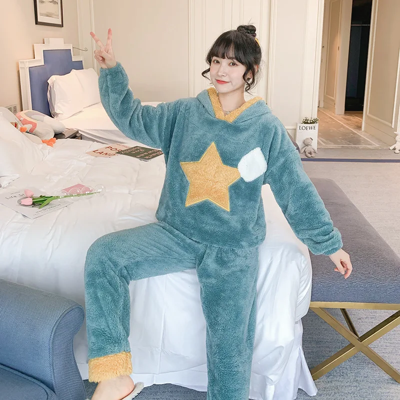 

Winter Pajamas Women's Autumn Hooded Coral Fleece Thick Fleece Cute Winter Flannel Thermal Suit Warm Pijama Full Sleepwear