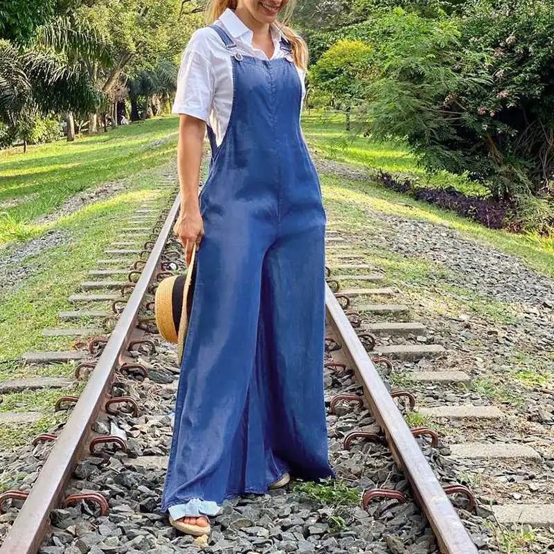 

Summer Denim Jumpsuits 2021 VONDA Women Overall Ladies Office Wide Leg Pants Vintage Playsuits Solid Color Trousers Oversized