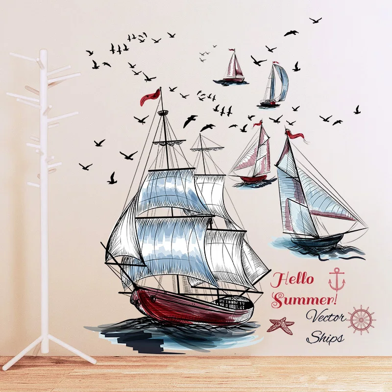 Современные Настенные Стикеры с изображением парусника корабля чайки ландшафта