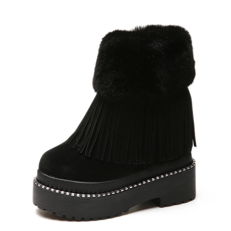 Winter Women Ankle Boots 2020 New Female Tassel Cotton Shoes Wedge Heels High Platform Sneakers Warm Rabbit Fur Snow Short | Обувь