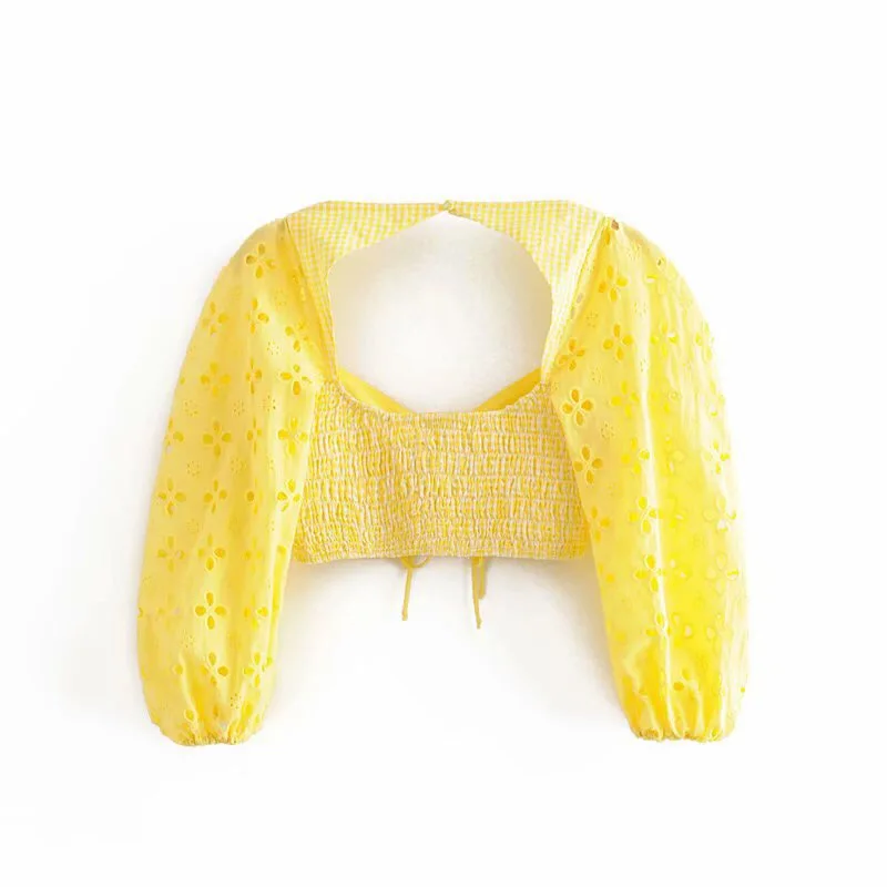 Женский комплект из 2 предметов желтый и белый клетчатый короткий топ с кружевной