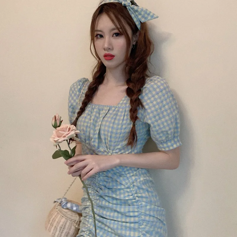 

Summer Women Sexy Dress Plaid Bandage Puff Sleeve Aline Slim Ladies Dresses Summer Casual Mini Square Collar Dress