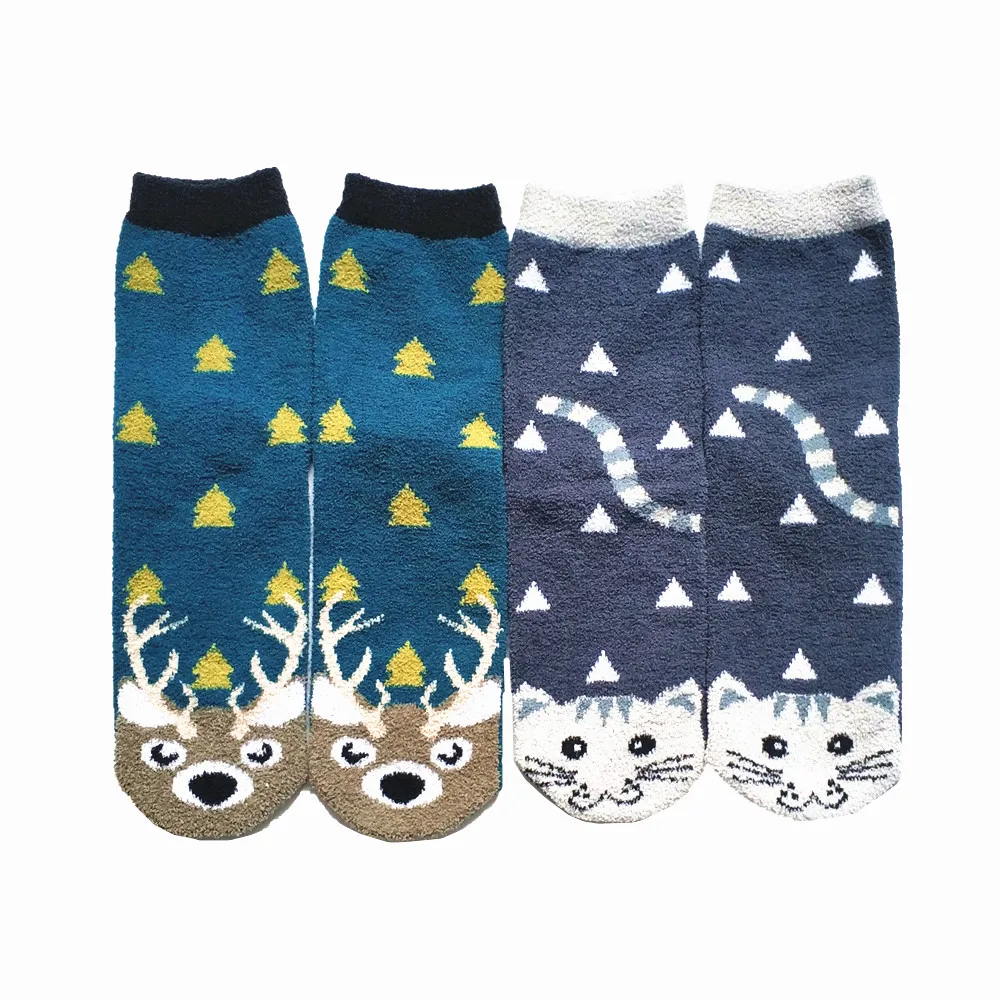 

2 Pairs Women's Happy Funny Cat Deer Fuzzy Cozy Socks Pack